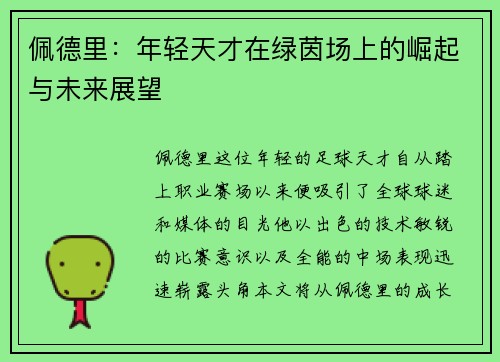 佩德里：年轻天才在绿茵场上的崛起与未来展望