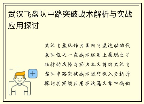 武汉飞盘队中路突破战术解析与实战应用探讨