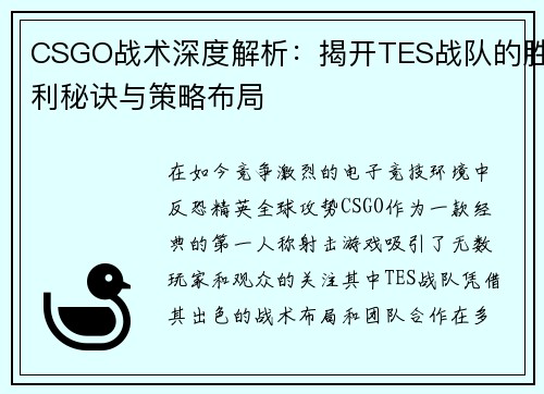 CSGO战术深度解析：揭开TES战队的胜利秘诀与策略布局