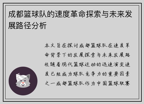 成都篮球队的速度革命探索与未来发展路径分析